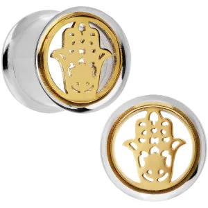 1/2 Steel Sunlit Hamsa Hand Screw Fit Tunnel Plug Set