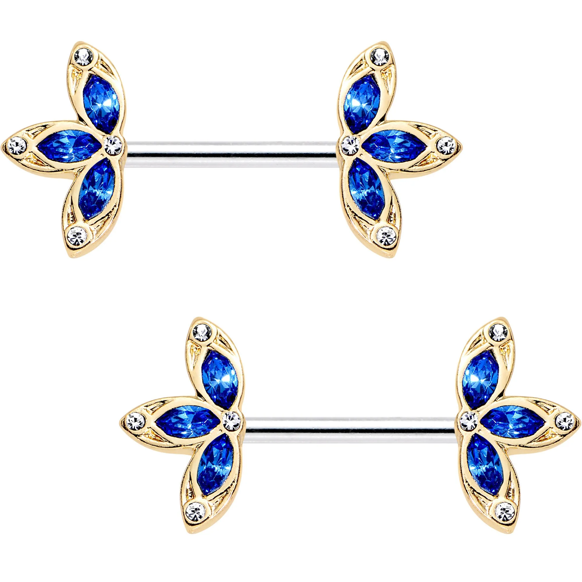 14 Gauge 9/16 Clear Blue Gem Fleur de Seins Barbell Nipple Ring Set