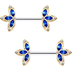 14 Gauge 9/16 Clear Blue Gem Fleur de Seins Barbell Nipple Ring Set