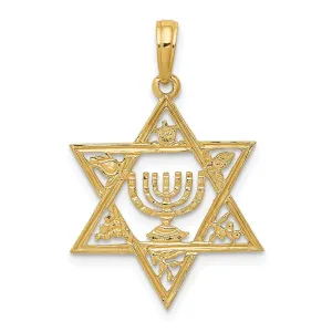 14K Yellow Gold Polished Star of David with Menorah Pendant