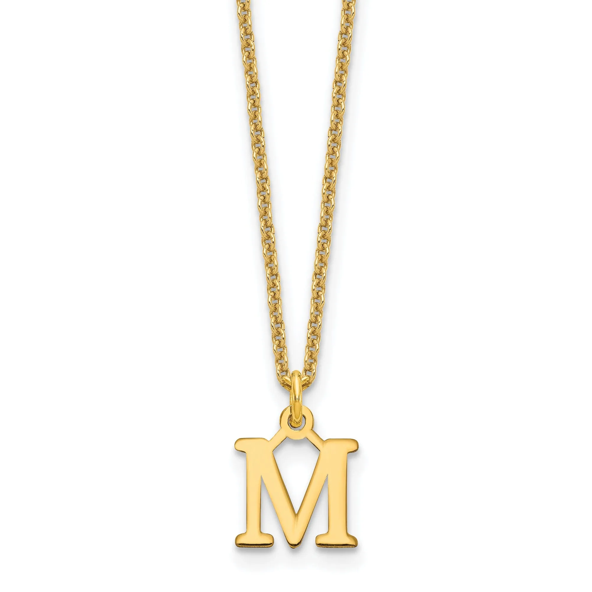 14k Yellow Gold Tiny Cut Out Block Letter M Initial Pendant and Necklace