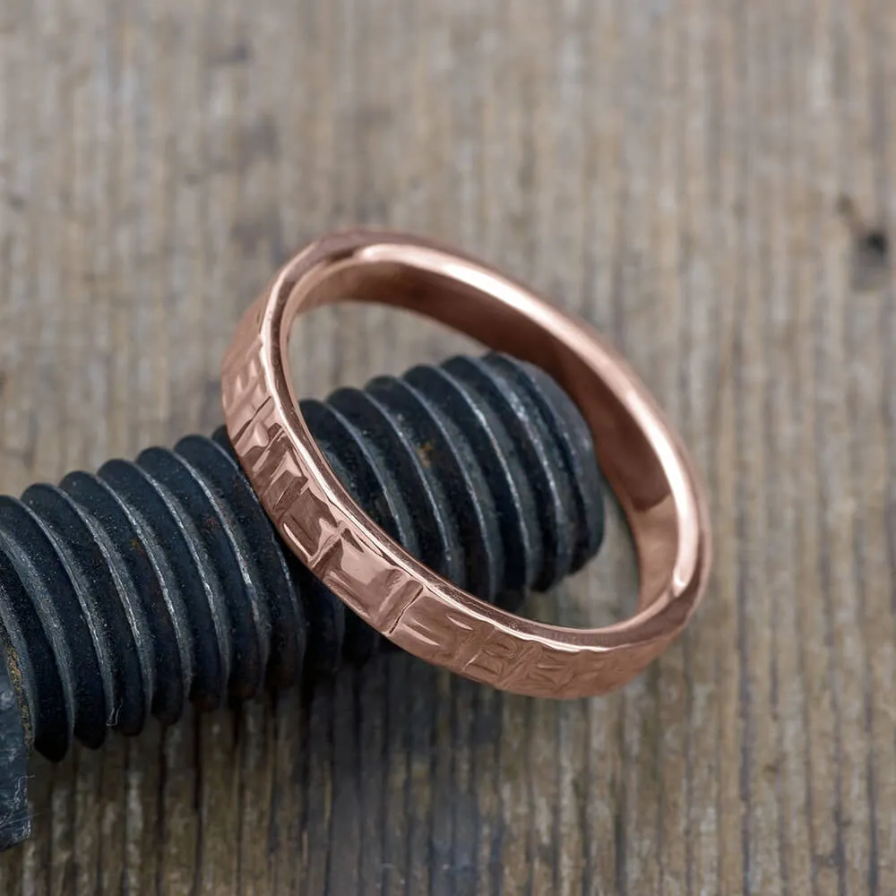 4mm 14k Rose Gold Mens Wedding Band, Textured Polished