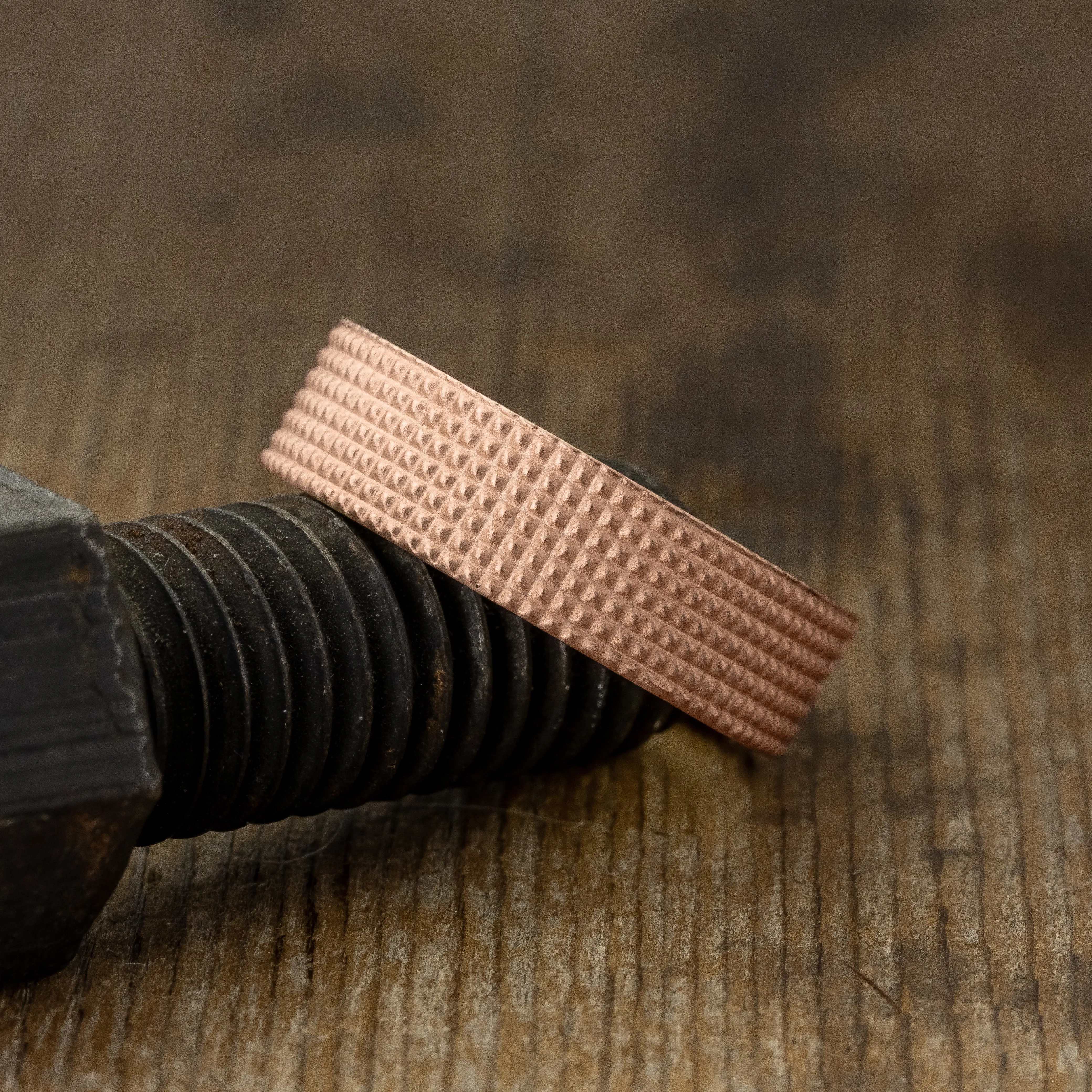 6mm 14k Rose Gold Mens Wedding Band, Knurling Texture