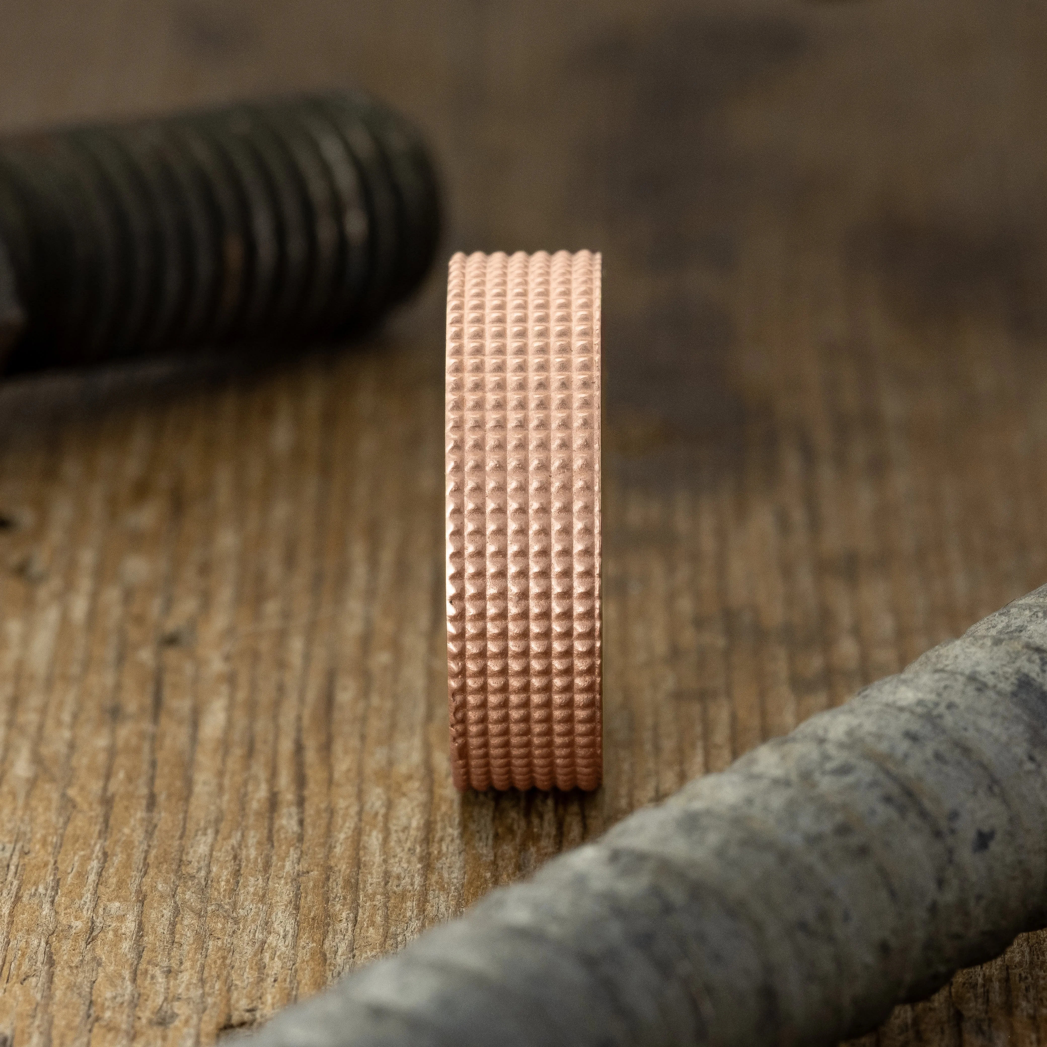 6mm 14k Rose Gold Mens Wedding Band, Knurling Texture