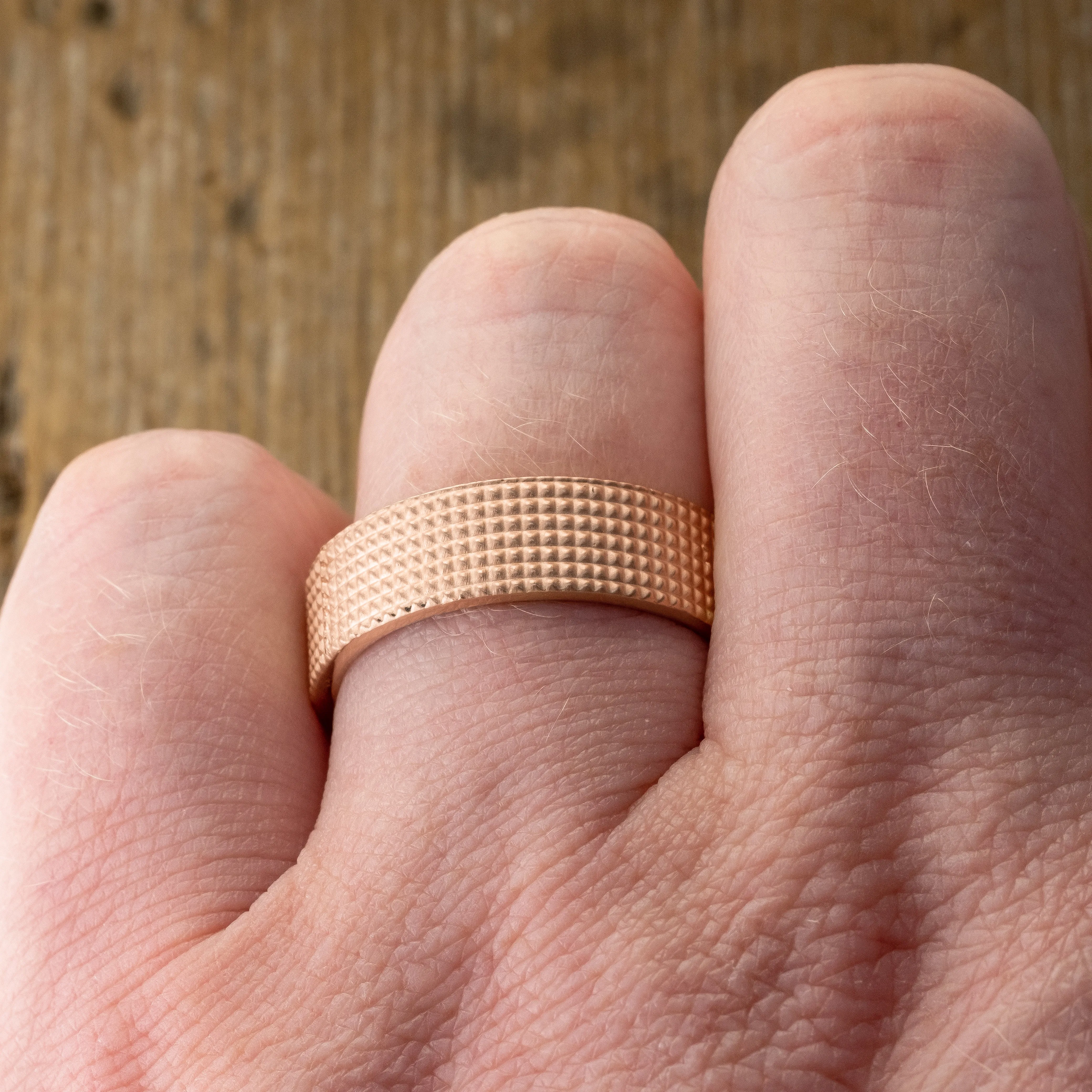 6mm 14k Rose Gold Mens Wedding Band, Knurling Texture