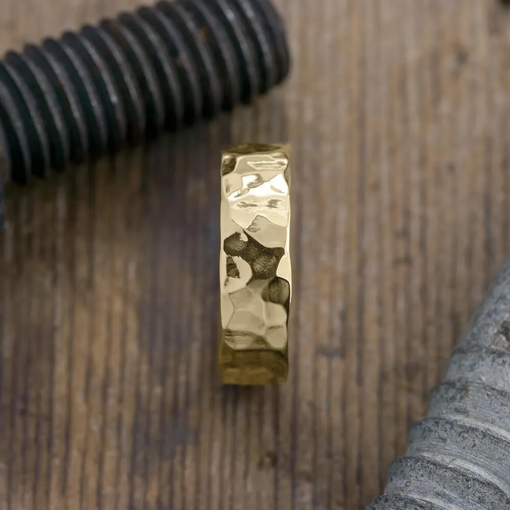 6mm 14k Yellow Gold Mens Wedding Band, Hammered Polished