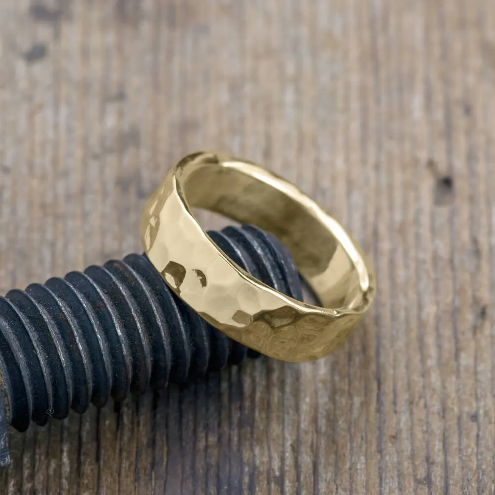 6mm 14k Yellow Gold Mens Wedding Band, Hammered Polished