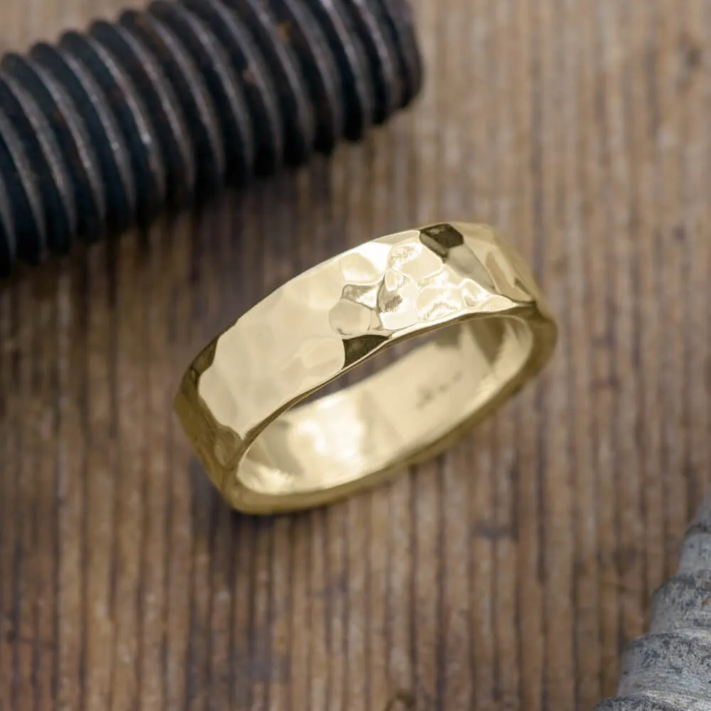 6mm 14k Yellow Gold Mens Wedding Band, Hammered Polished