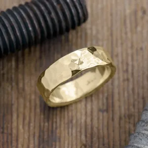 6mm 14k Yellow Gold Mens Wedding Band, Hammered Polished