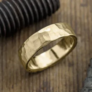 6mm Comfort Fit, 14k Yellow Gold Mens Wedding Band, Hammered Matte
