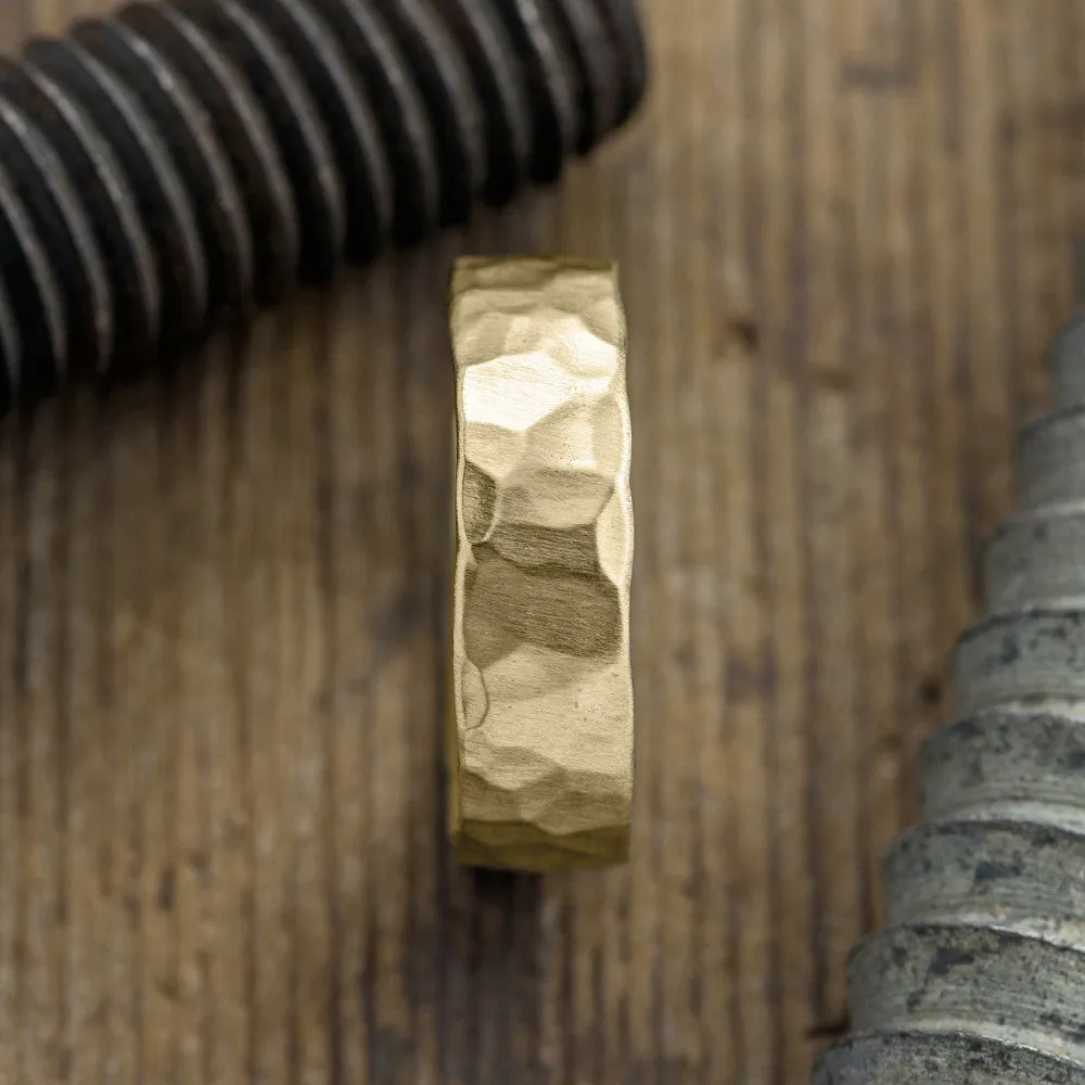 6mm Comfort Fit, 14k Yellow Gold Mens Wedding Band, Hammered Matte