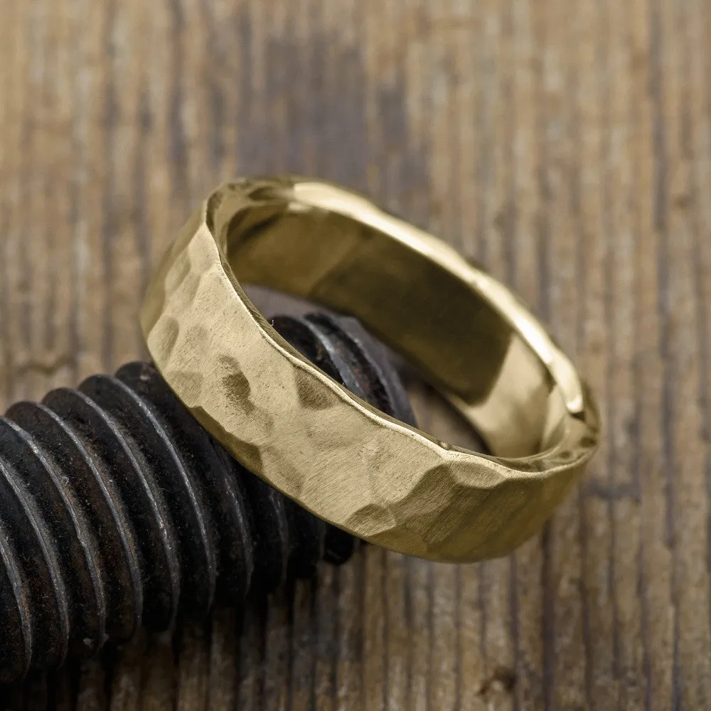 6mm Comfort Fit, 14k Yellow Gold Mens Wedding Band, Hammered Matte