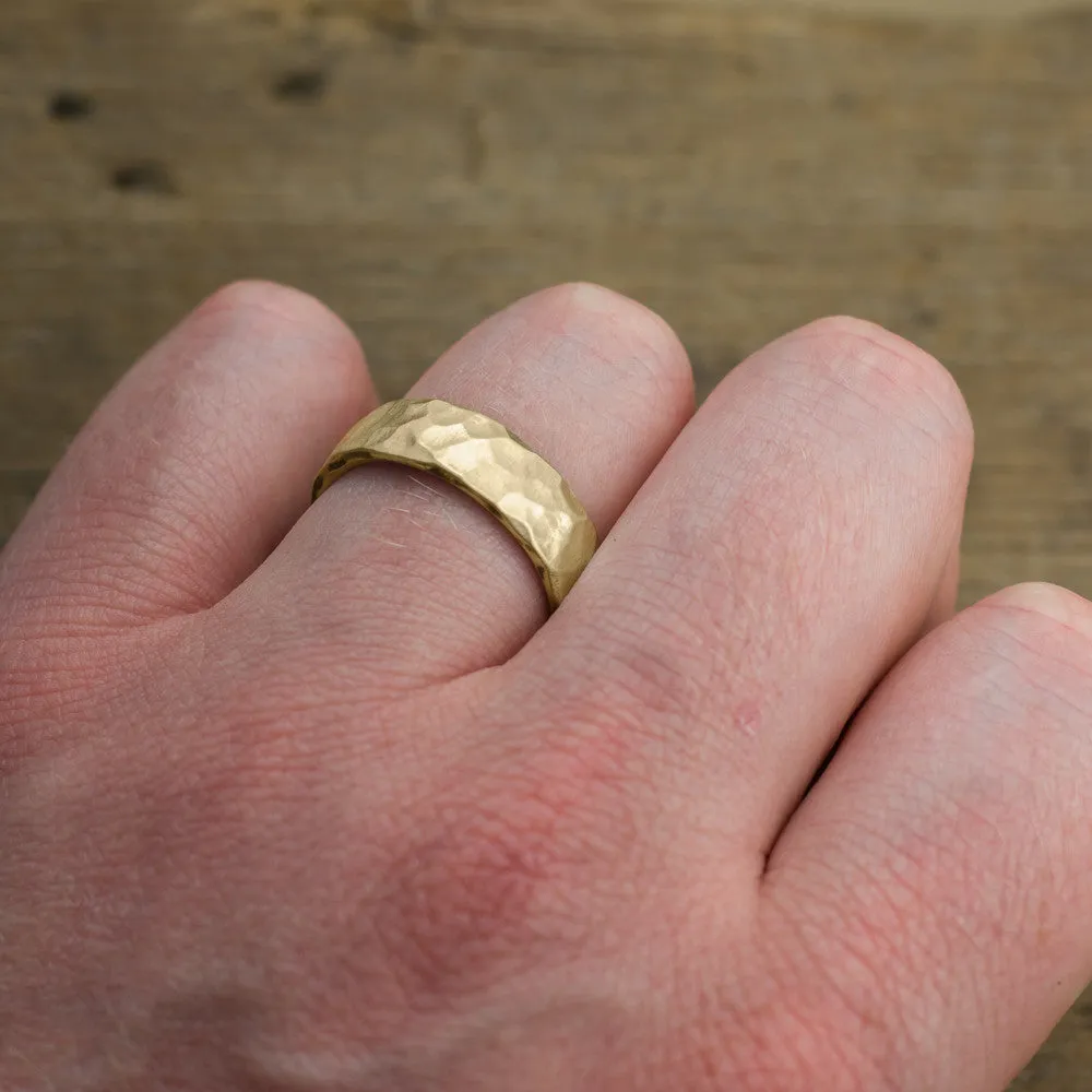 6mm Comfort Fit, 14k Yellow Gold Mens Wedding Band, Hammered Matte