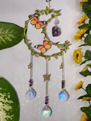 AMETHYST BUTTERFLY MOON SUNCATCHER Modern Purple Crystal Clear Prism