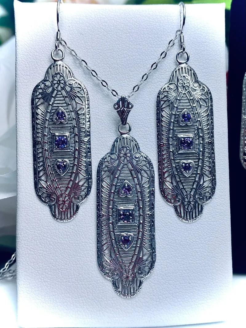 Amethyst Earrings & Pendant Set, Simulated or Natural Gemstones, Angel Wings Vintage Revival Jewelry #S359