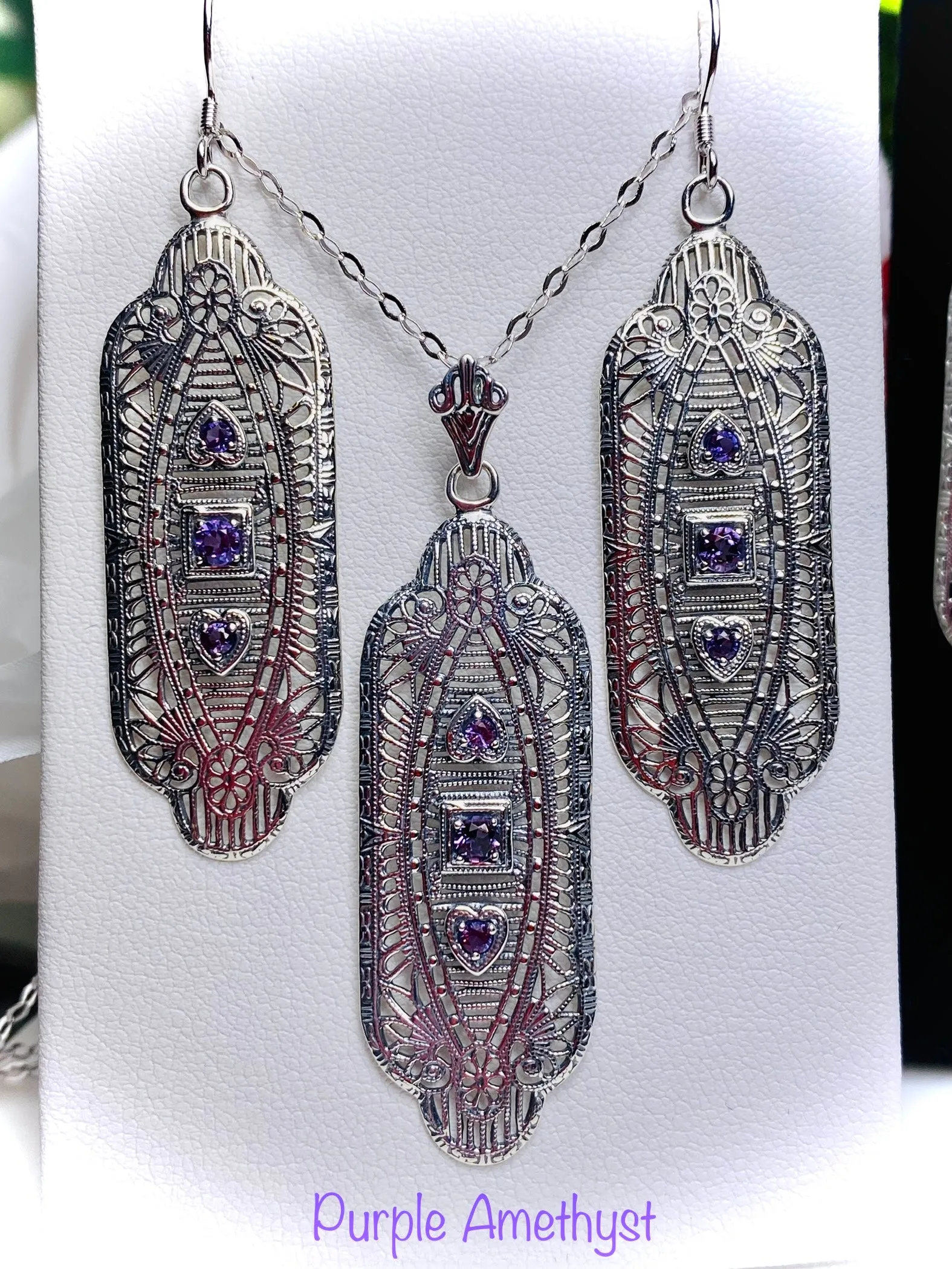 Amethyst Earrings & Pendant Set, Simulated or Natural Gemstones, Angel Wings Vintage Revival Jewelry #S359