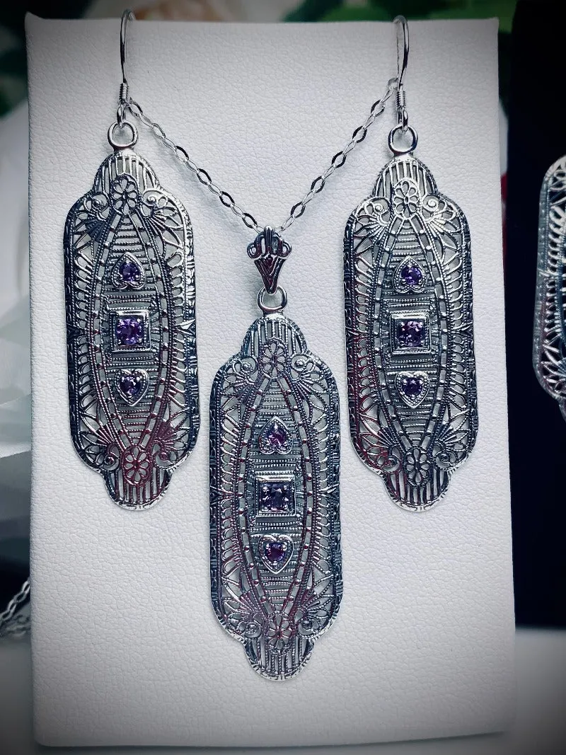 Amethyst Earrings & Pendant Set, Simulated or Natural Gemstones, Angel Wings Vintage Revival Jewelry #S359