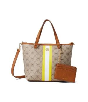 Anne Klein Ring Logo Satchel w/Varsity Stripe & Card Case Cream Brown Logo/Anne White/Bright Daffodil/Brownie One Size
