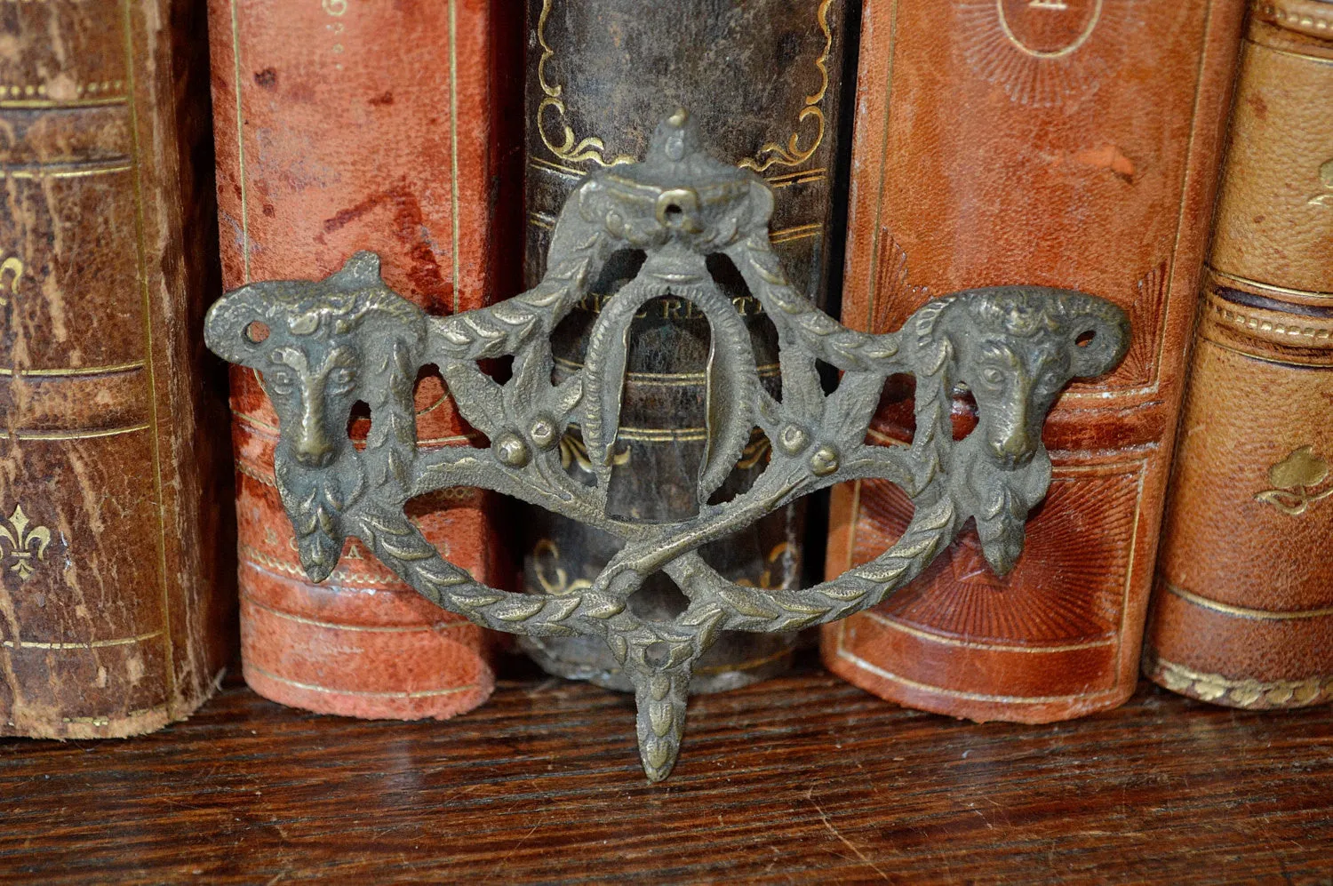 Antique French Keyhole Escutcheon Empire Urn Ram Heads Bronze Hardware