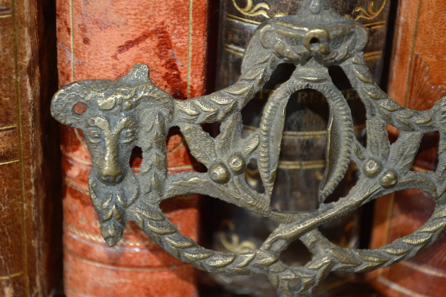 Antique French Keyhole Escutcheon Empire Urn Ram Heads Bronze Hardware