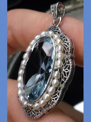 Aquamarine Pendant, Seed Pearl & Gem Victorian Necklace #P52