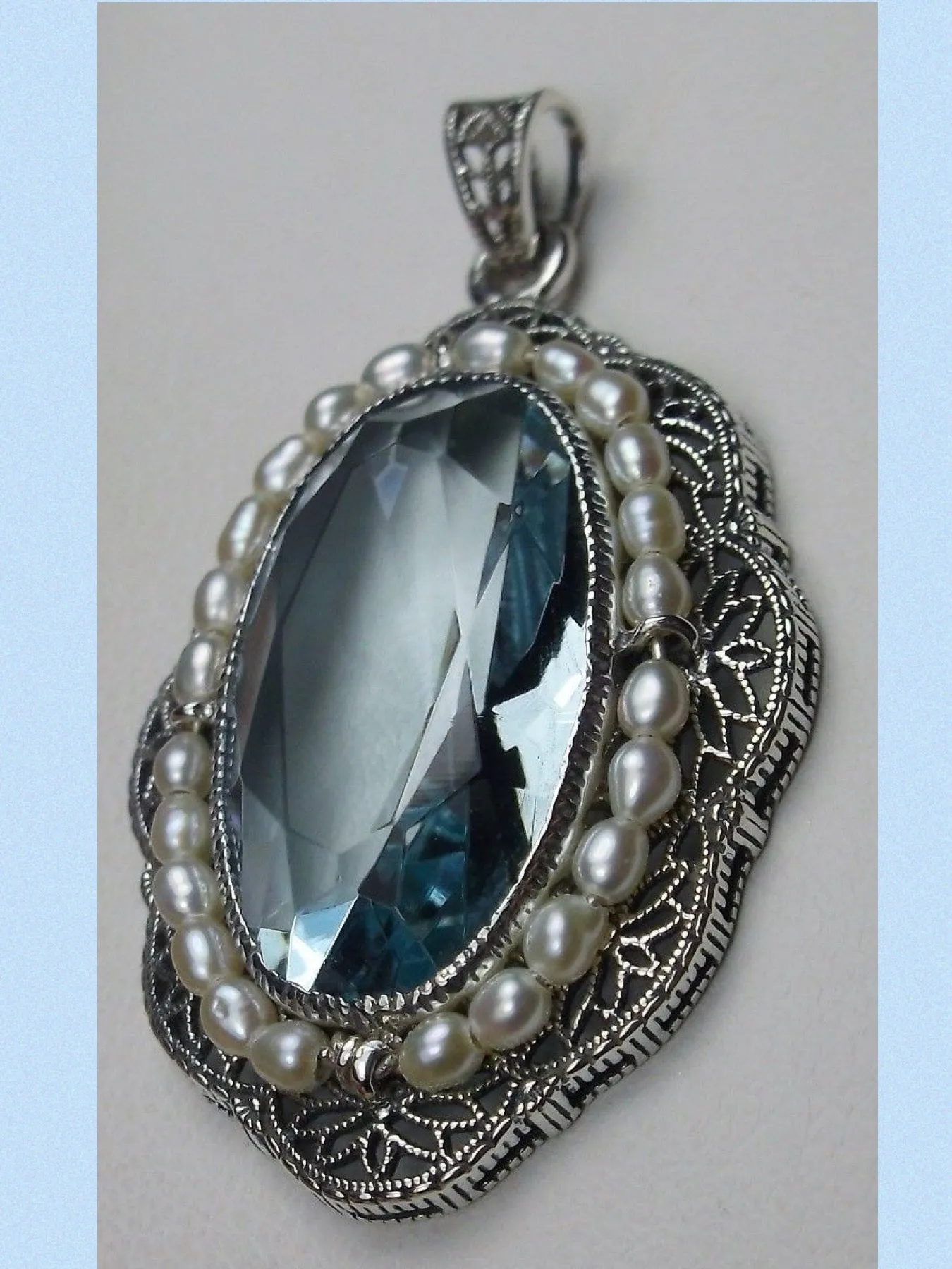 Aquamarine Pendant, Seed Pearl & Gem Victorian Necklace #P52