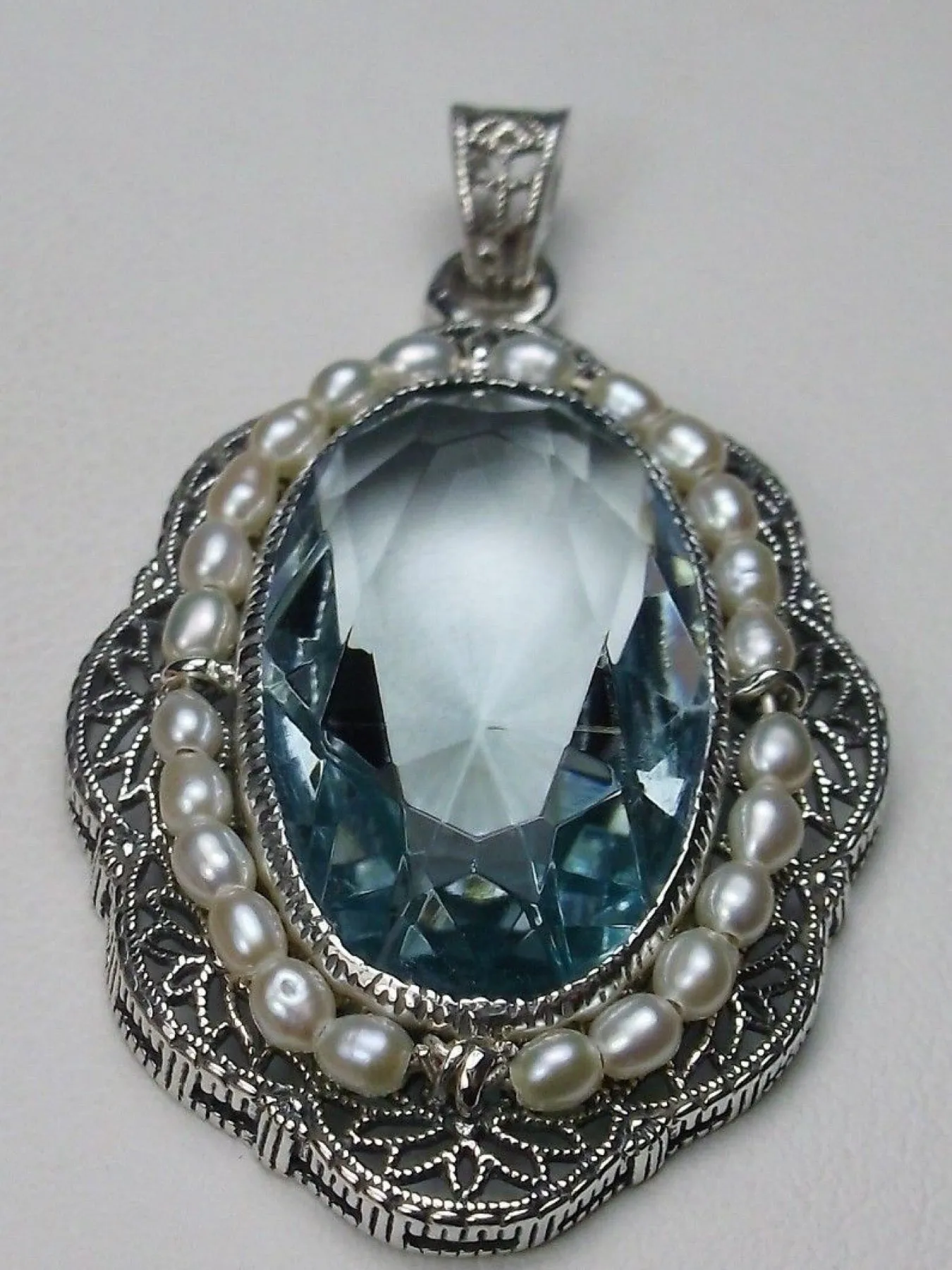 Aquamarine Pendant, Seed Pearl & Gem Victorian Necklace #P52