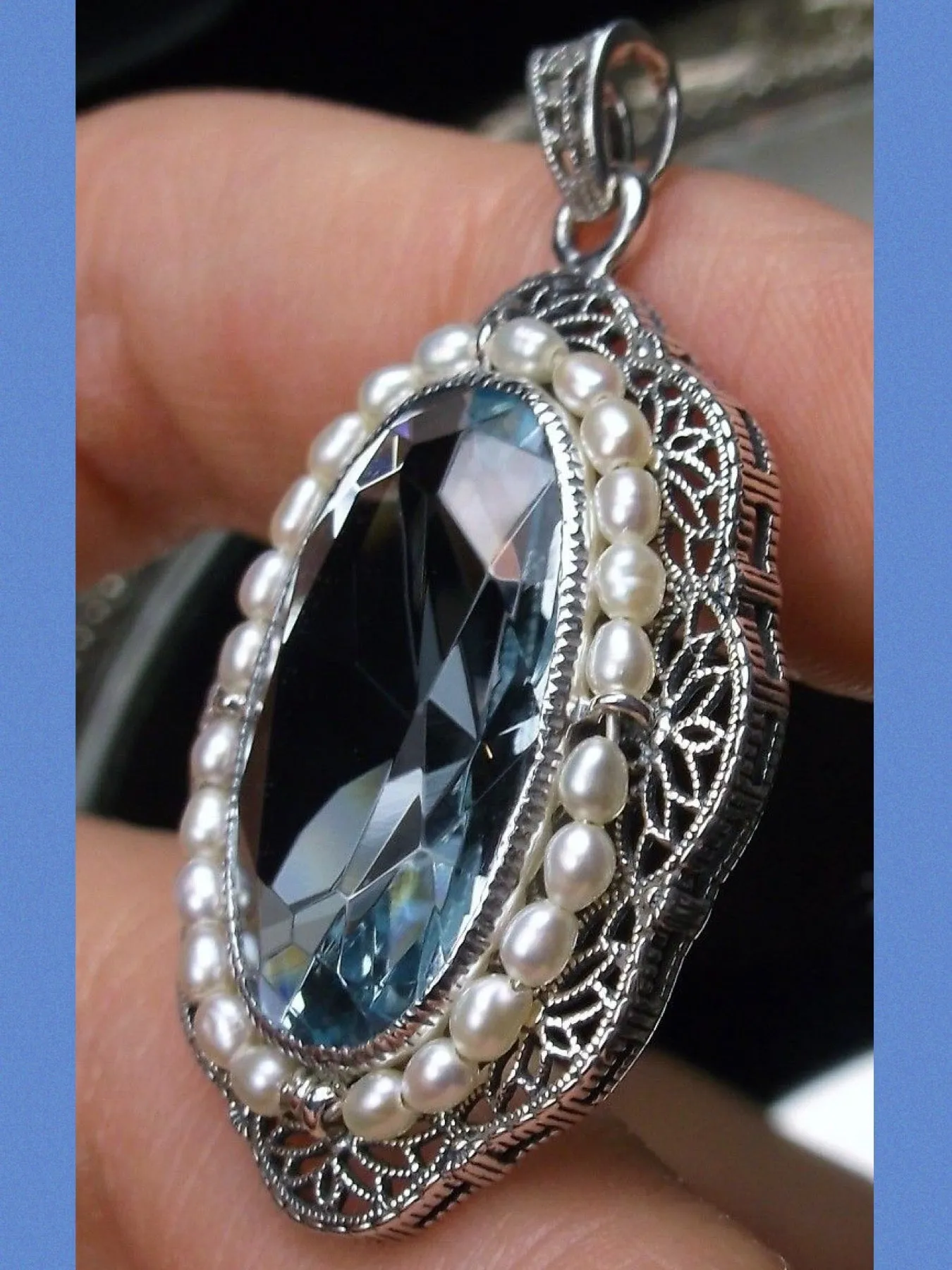 Aquamarine Pendant, Seed Pearl & Gem Victorian Necklace #P52