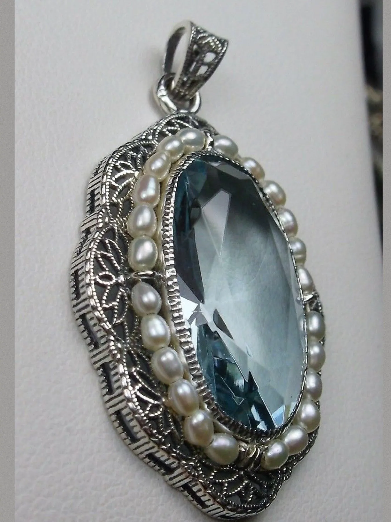 Aquamarine Pendant, Seed Pearl & Gem Victorian Necklace #P52