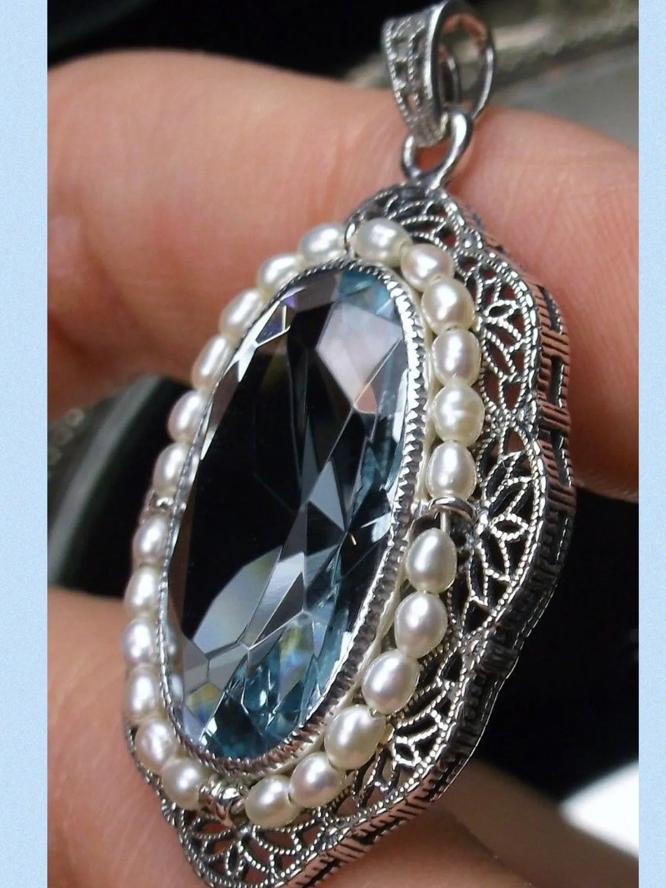 Aquamarine Pendant, Seed Pearl & Gem Victorian Necklace #P52