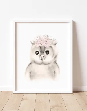 Baby Owl Flower Crown Print in Sweet Blush