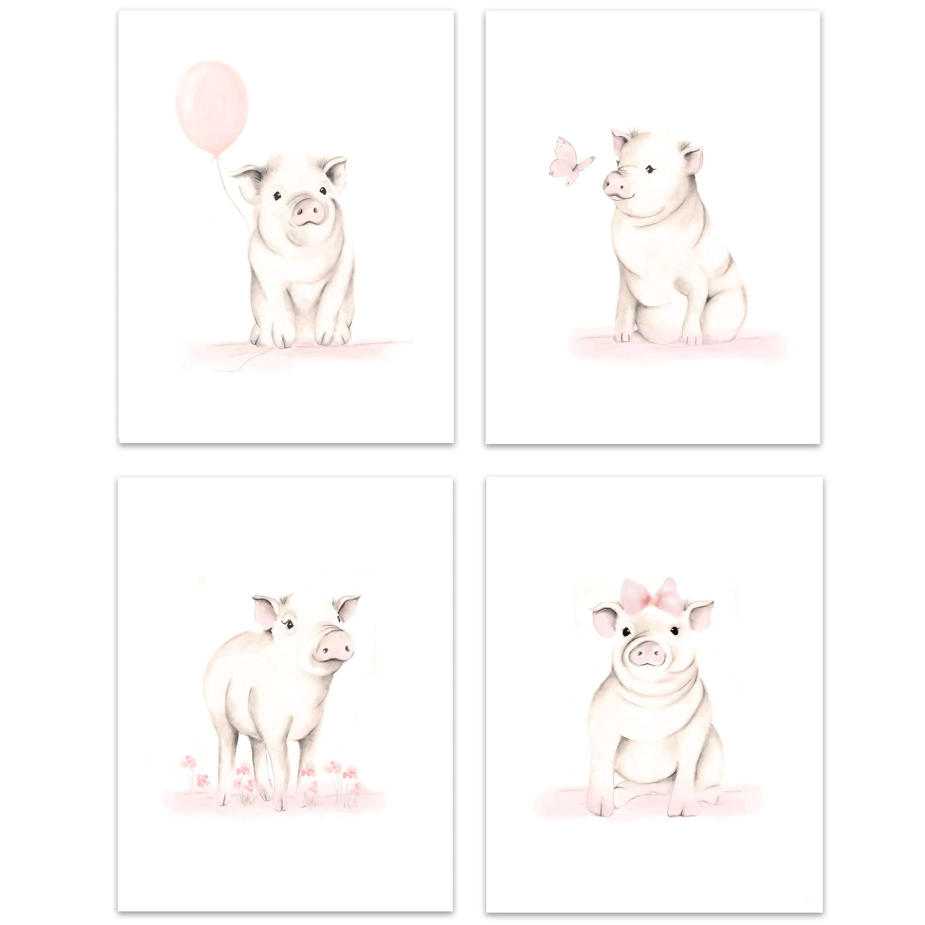 Baby Pig Nursery Art Prints - Sweet Blush - Set of 4