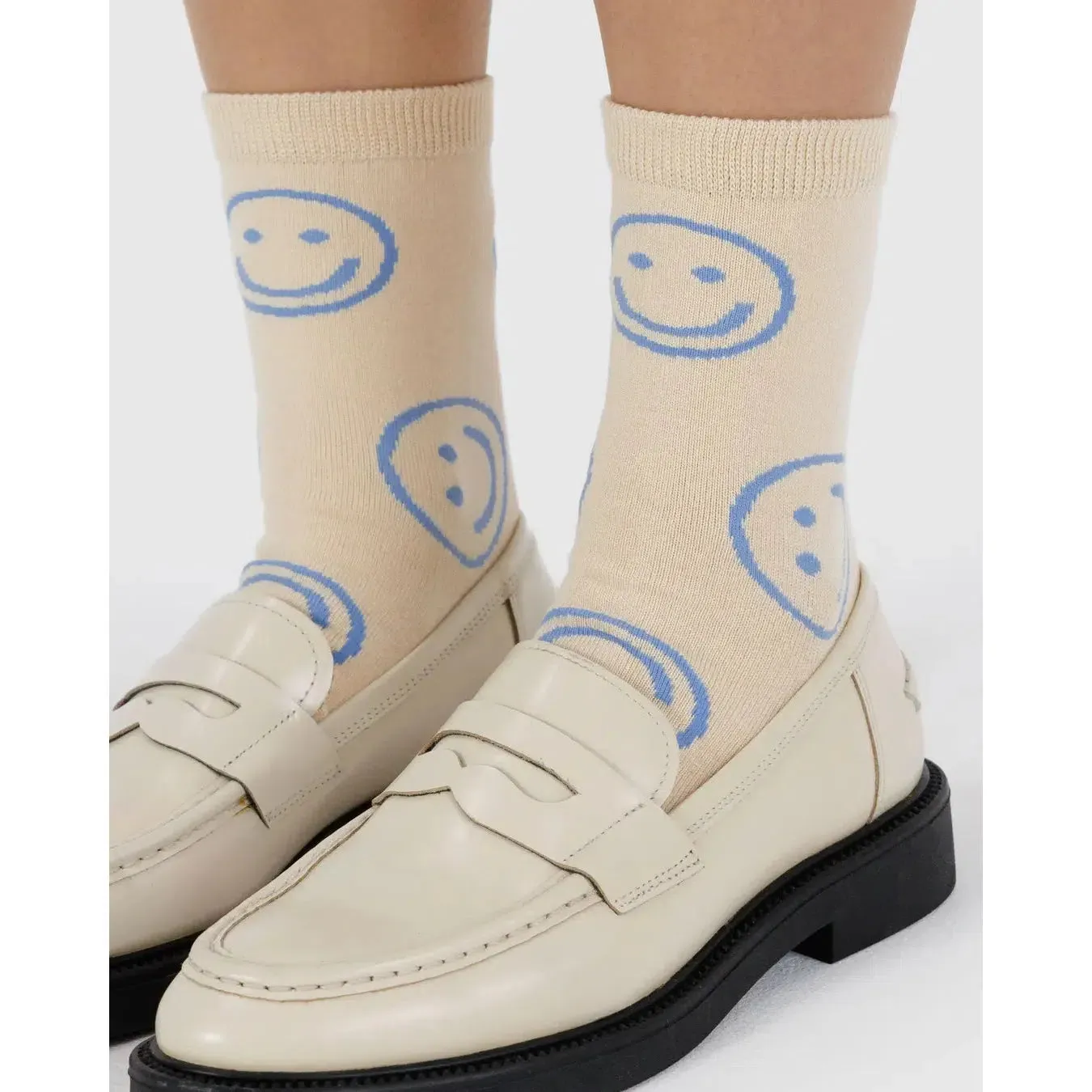 Baggu - Adult crew socks - Ecru Periwinkle Happy