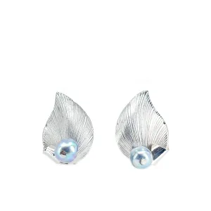 Baroque Blue Akoya Saltwater Cultured Pearl Leaf Screwback Earrings- Sterling Silver