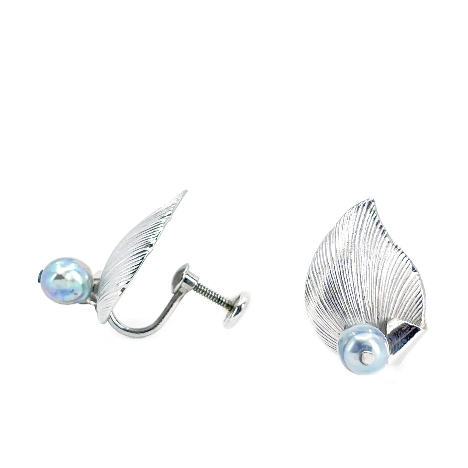 Baroque Blue Akoya Saltwater Cultured Pearl Leaf Screwback Earrings- Sterling Silver