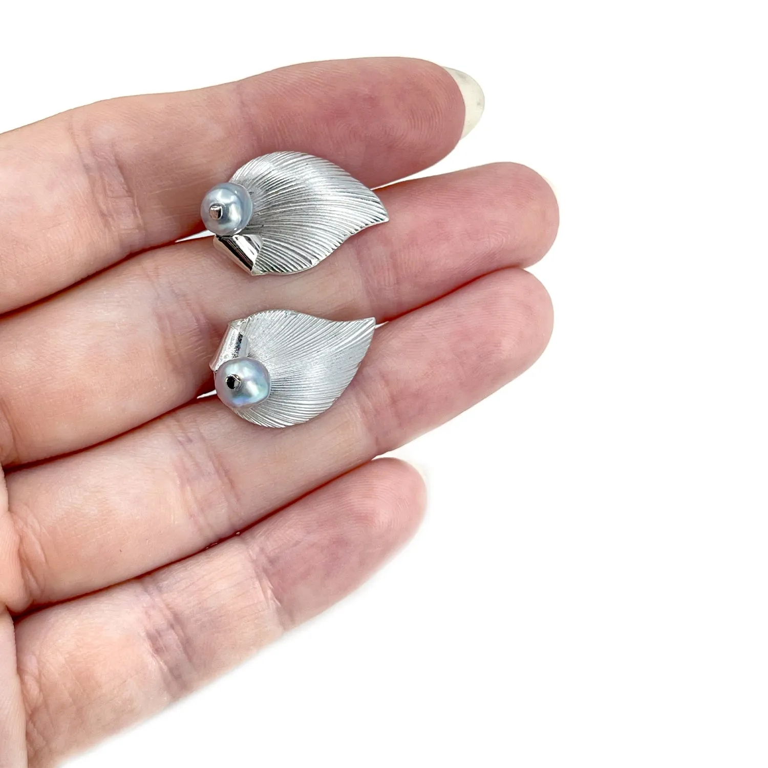 Baroque Blue Akoya Saltwater Cultured Pearl Leaf Screwback Earrings- Sterling Silver