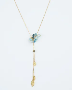 beaded necklace with gold leaves 16" blue sapphires - gold