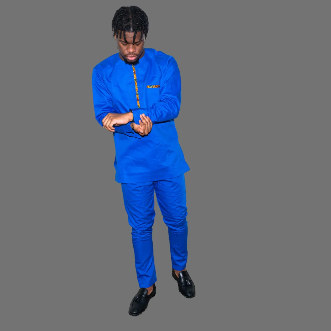 Blue Men's Long Sleeve Traditional Set