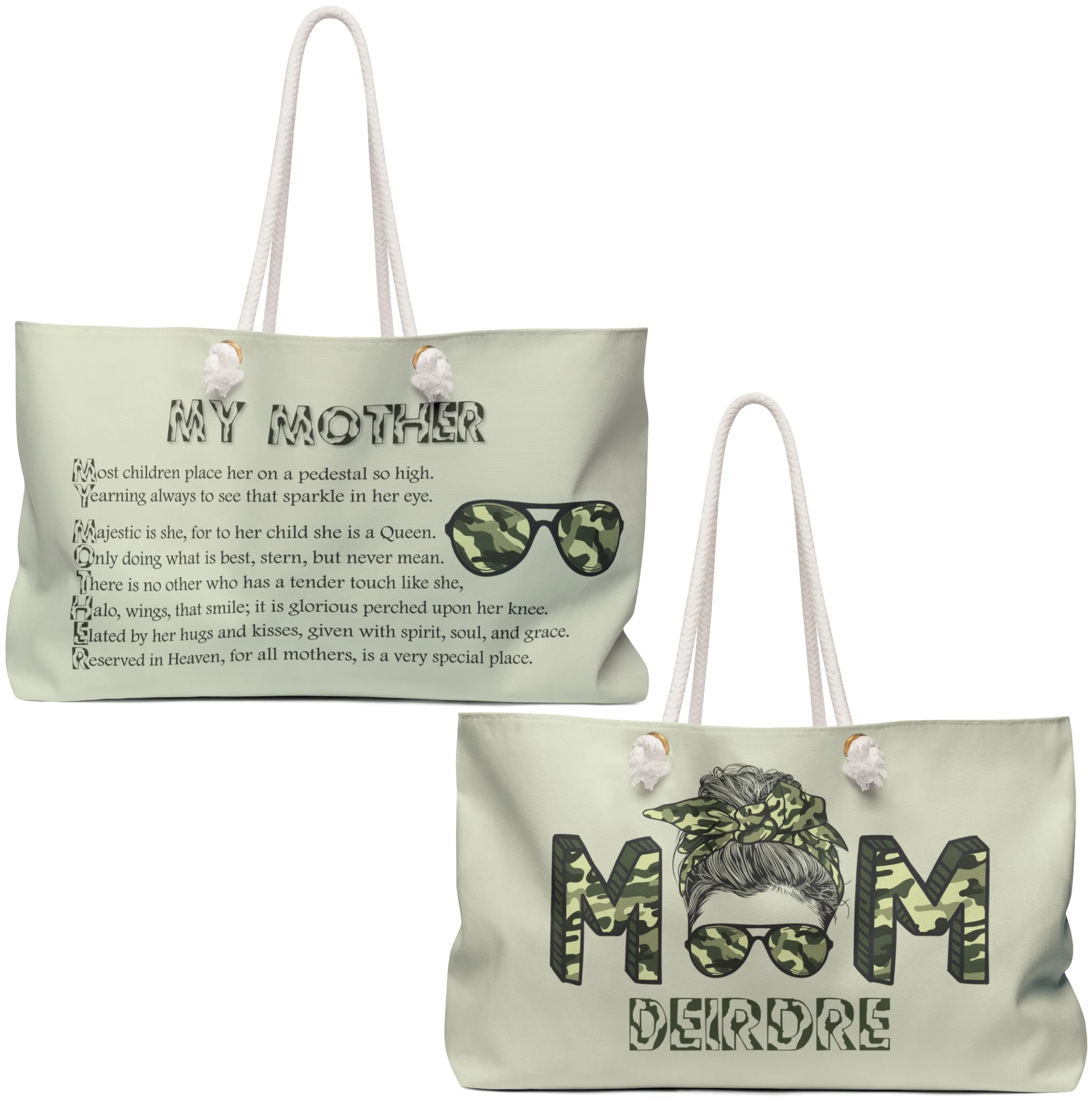 Camo Text Weekender Tote Bag with Acrostic Poem Spelling Out "My Mother"