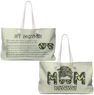 Camo Text Weekender Tote Bag with Acrostic Poem Spelling Out "My Mother"