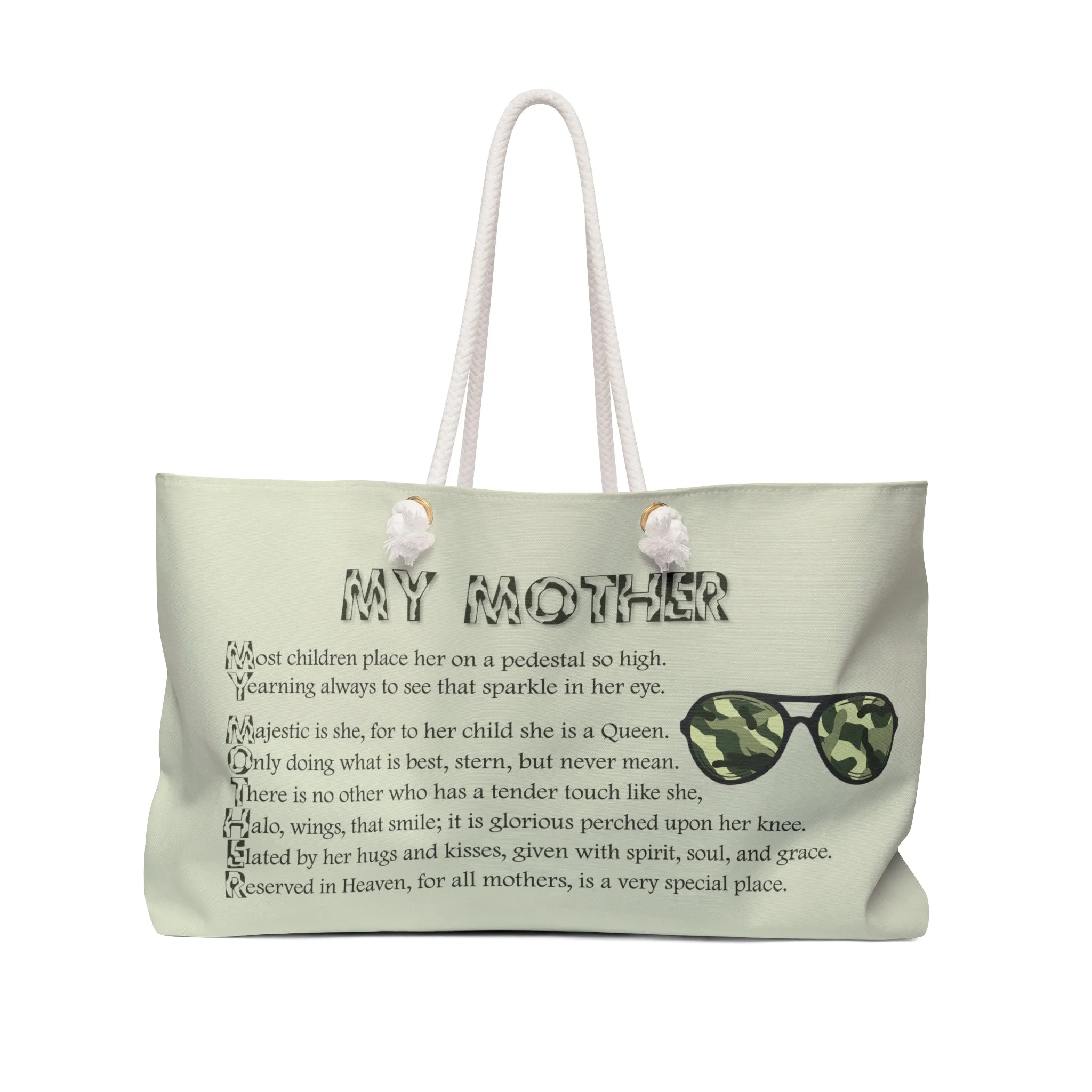 Camo Text Weekender Tote Bag with Acrostic Poem Spelling Out "My Mother"