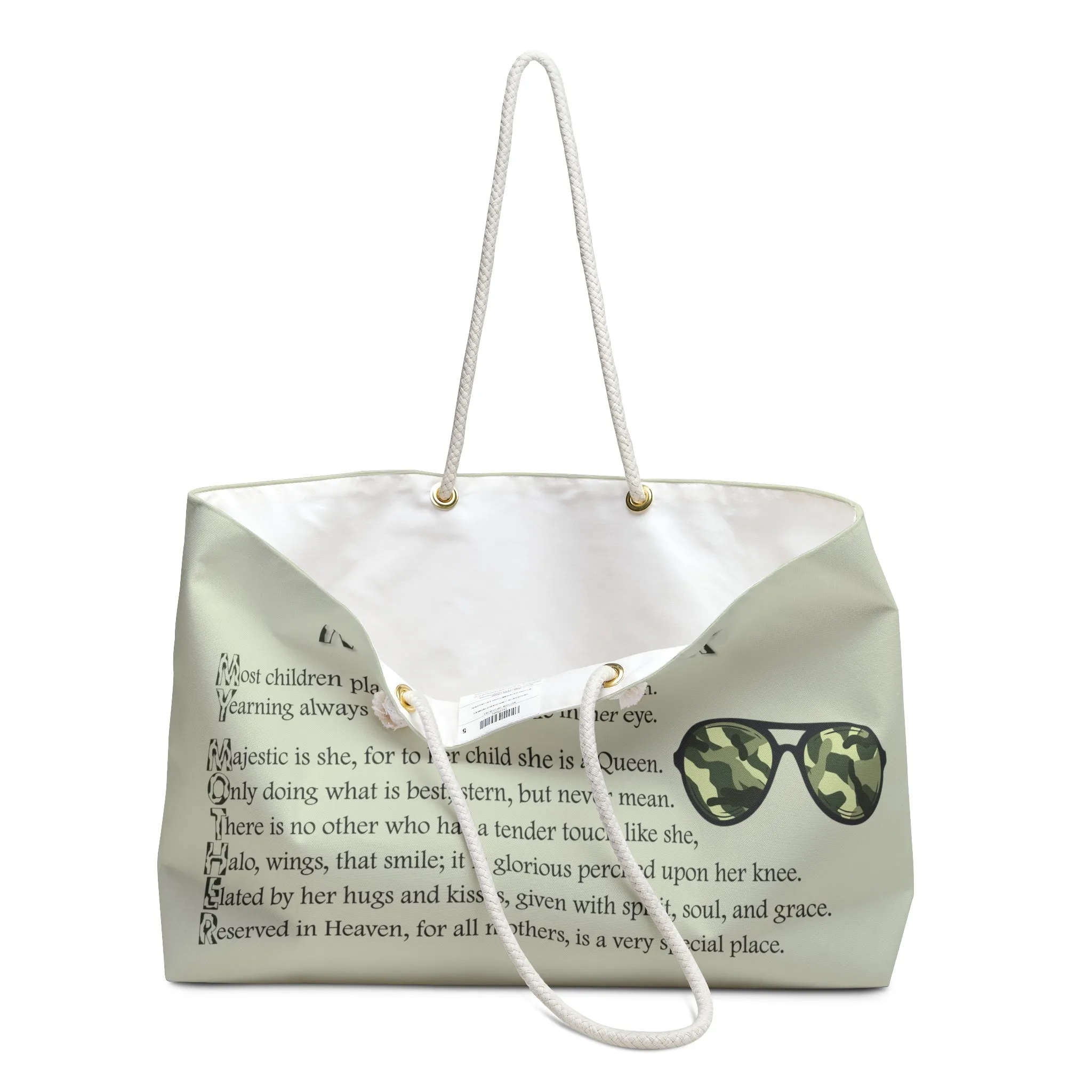 Camo Text Weekender Tote Bag with Acrostic Poem Spelling Out "My Mother"