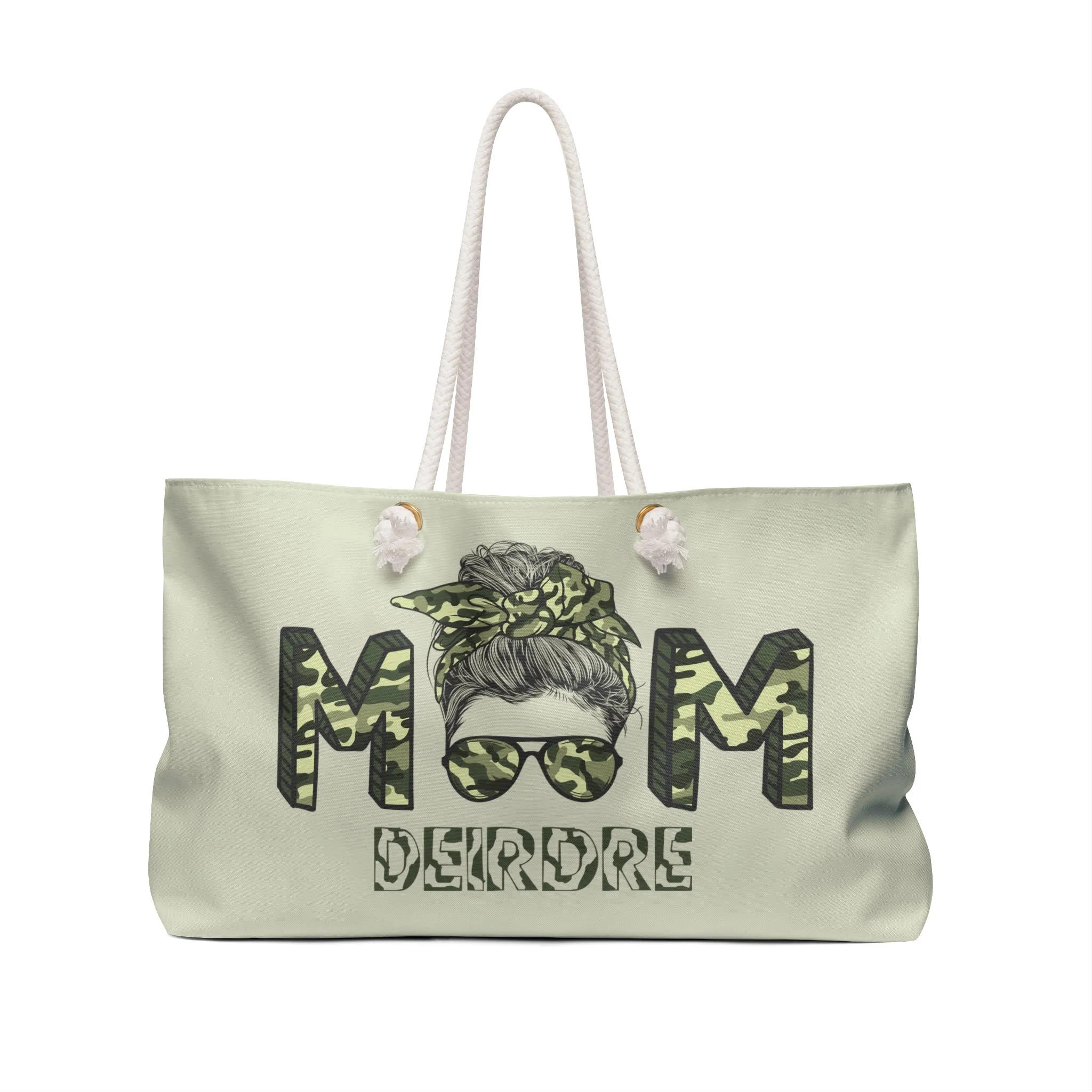 Camo Text Weekender Tote Bag with Acrostic Poem Spelling Out "My Mother"
