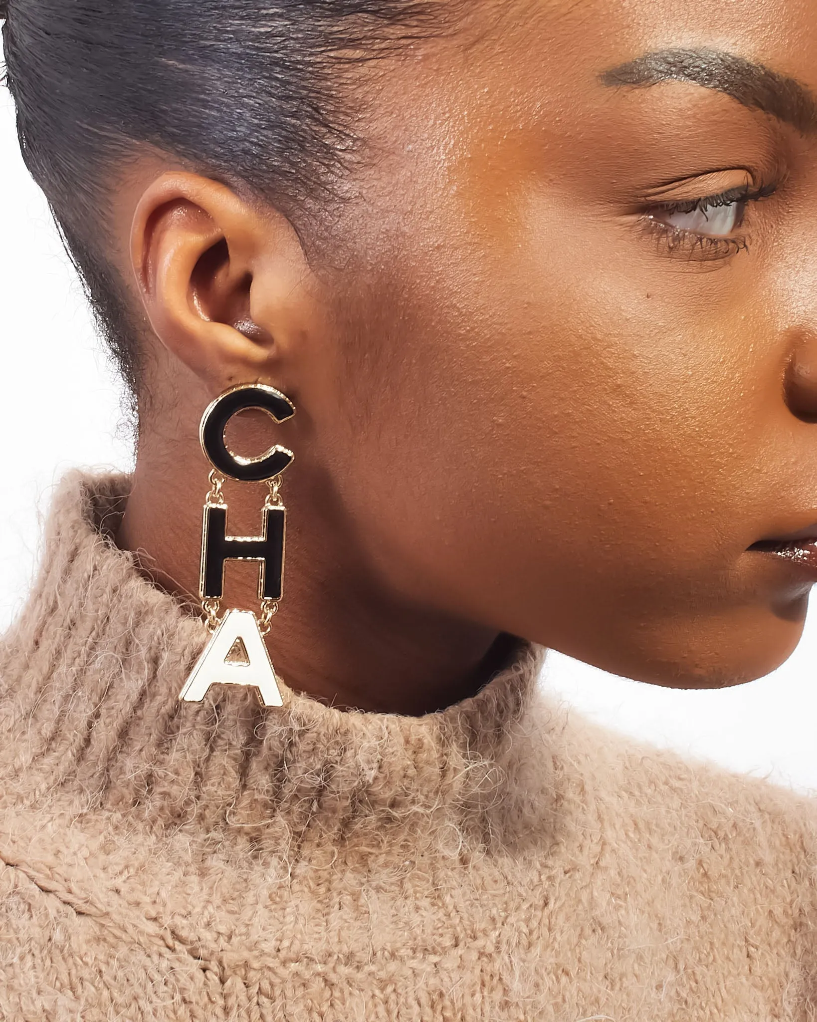 Chanel Black & White  Enamel 'CHA-NEL' Drop Earrings