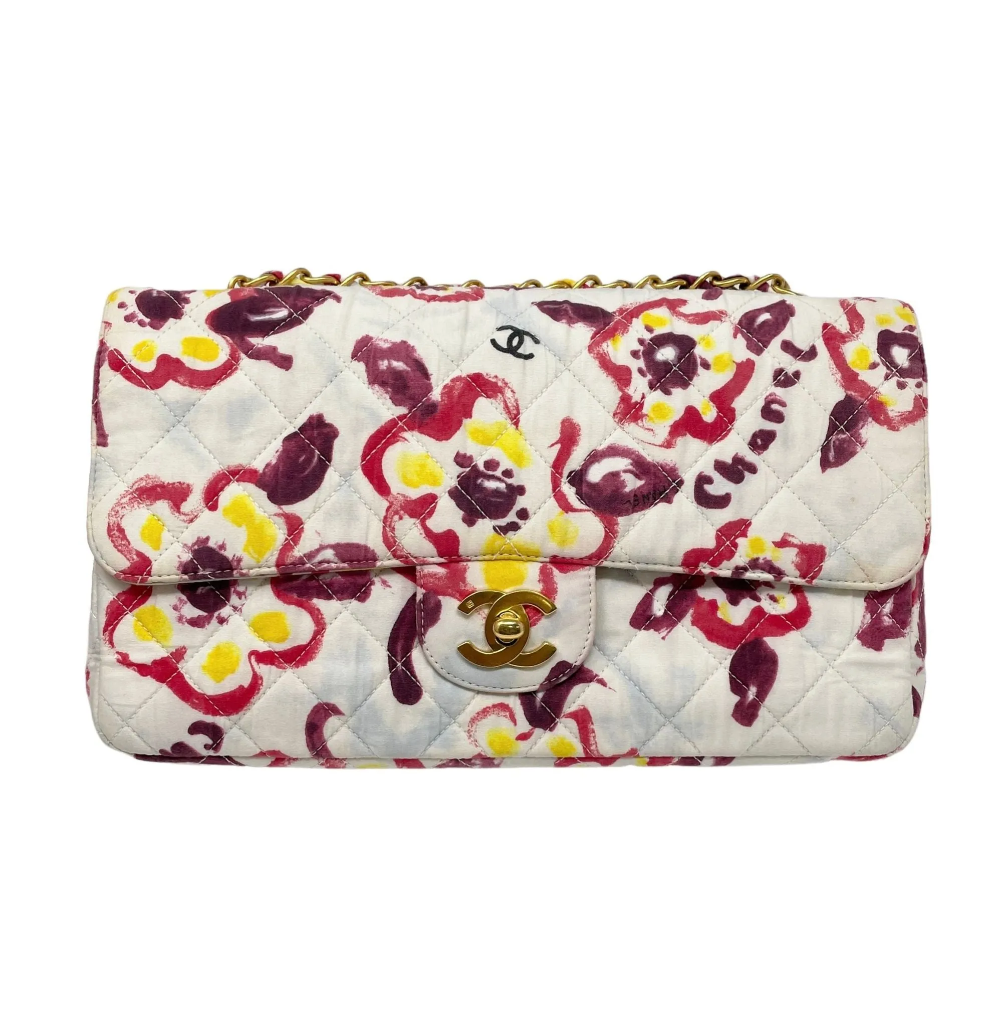 Chanel White Floral Canvas Flap Bag