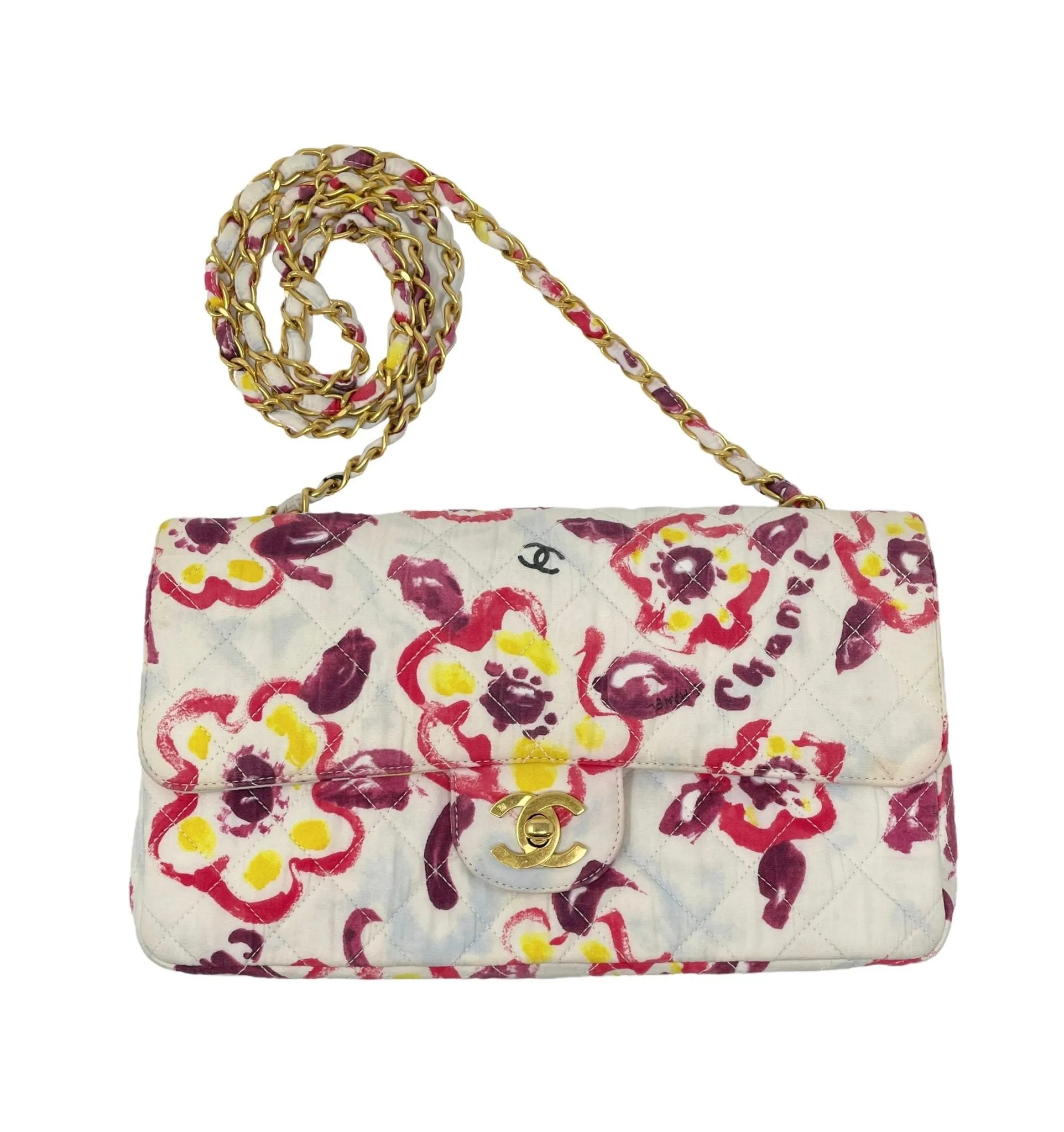 Chanel White Floral Canvas Flap Bag