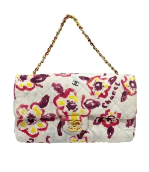 Chanel White Floral Canvas Flap Bag
