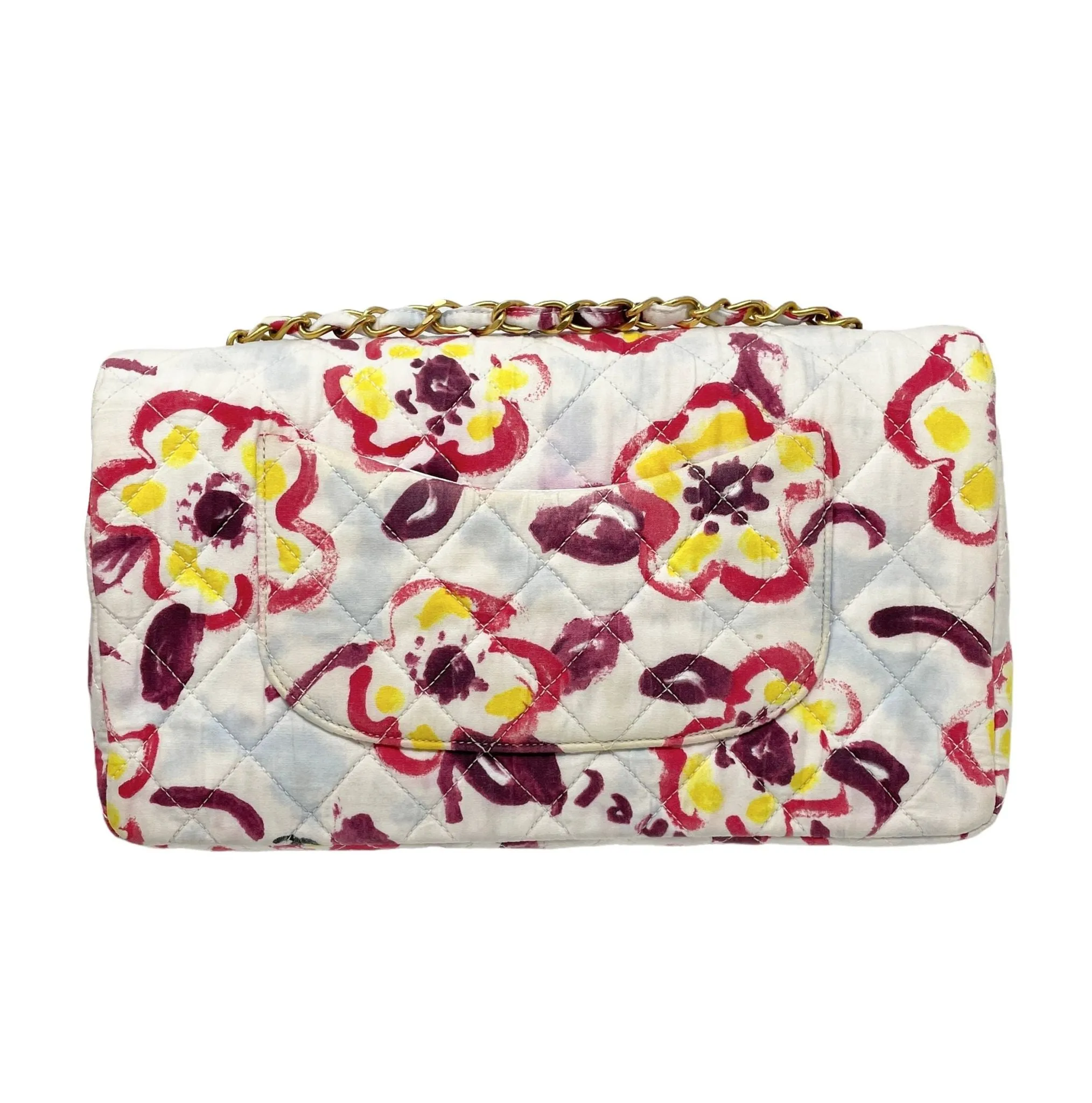 Chanel White Floral Canvas Flap Bag