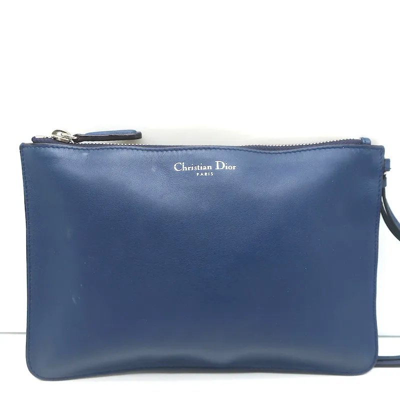 Christian Dior Wristlet Pouch Navy Leather Small Clutch