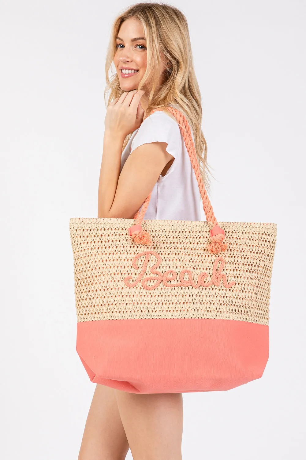 Color Sewn Beach Letter and Strap Crochet, Fabric Tote Bag Coral - Pack of 6